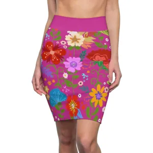 Womens Pencil Skirt, High Waist Stretch, Multicolor Floral Print, Pink