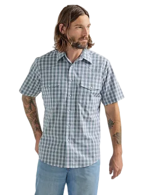Wrangler Men's Wrinkle Resist Short Sleeve Western Snap Plaid Gray Blue Shirt